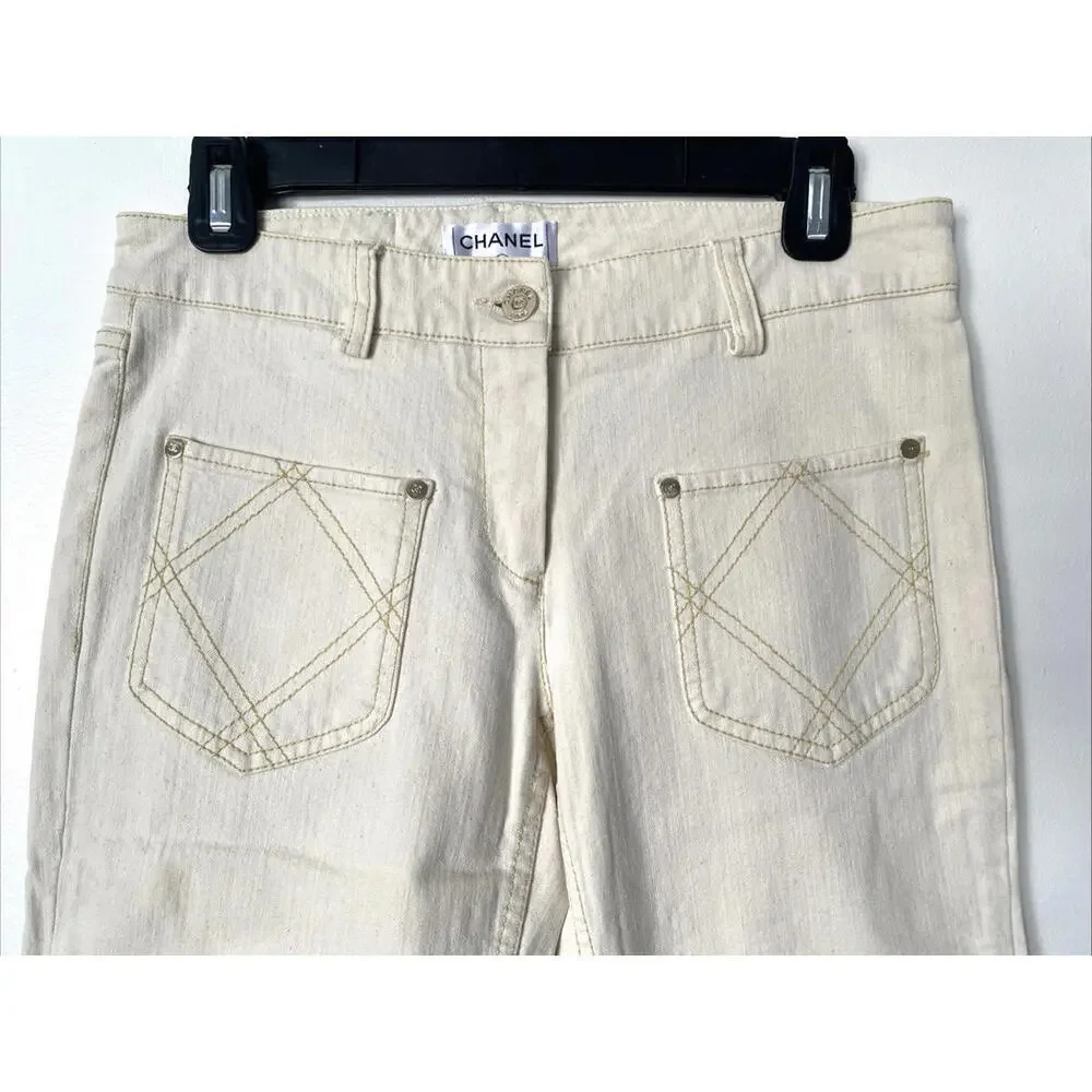 Vintage 07P CHANEL FR-36 Slim Leg Cream Cotton Jeans Pants 2007